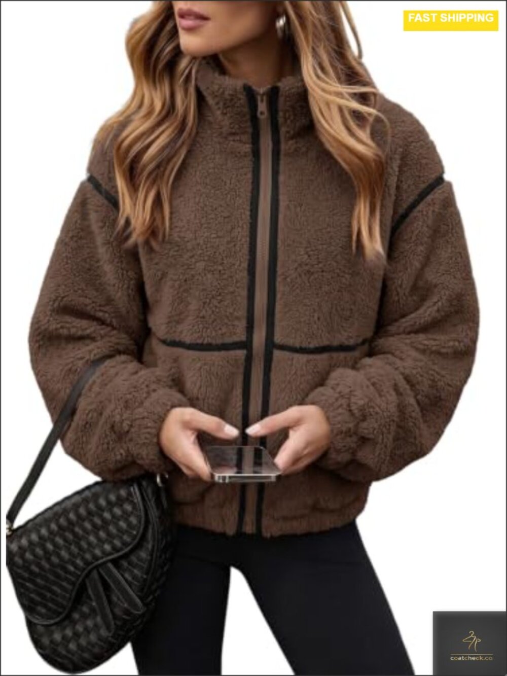 Fuzzy Fleece Cropped Sherpa Zip Jacket with Pockets